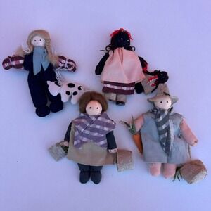 Vintage Handmade Cloth Farm Doll Set 5 Inch Primitive Folk Art Miniature 4pc